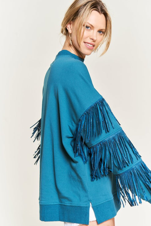 Western-Inspired Oversized Pullover with Suede Fringe and Stud Trim