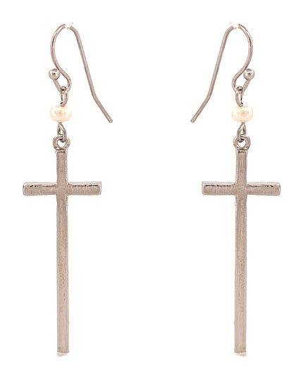 Elegant Simple Cross Charm Pearl Long Fashion Dangle Earrings Silver