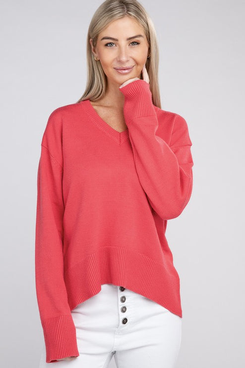 Simple Classic Casual Solid V-neck Long Sleeve Fashion Top Sweater
