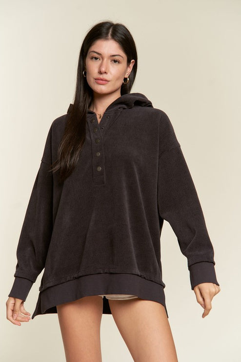 Ribbed Knit Hooded Sweatshirt with Button Detail
