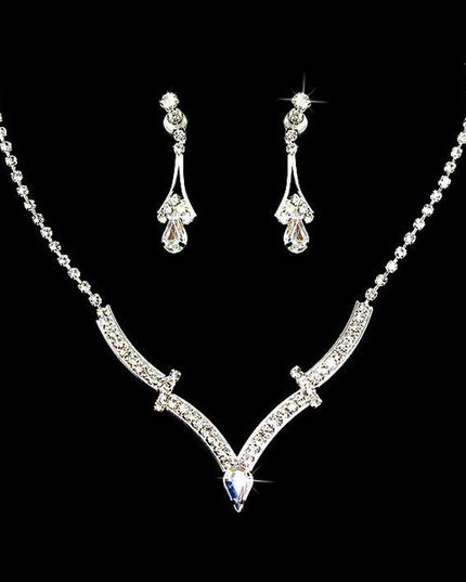 Bridal Wedding Jewelry Set Crystal Rhinestone Simple Curved V Drop Necklace CL