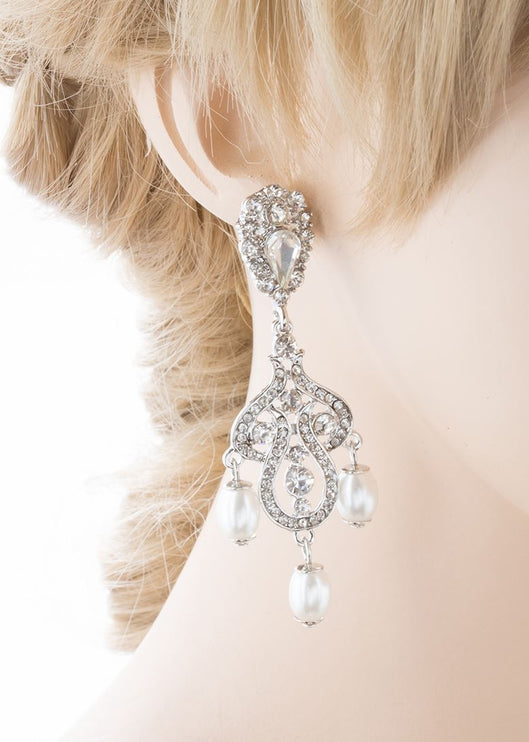 Bridal Wedding Jewelry Crystal Rhinestone Pearl Vintage Dangle Earrings White - Accessoriesforever