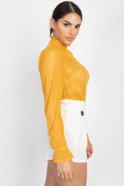 Beautiful Ruffle Trim Bell Cuff Long Sleeves Fashion Lace Top - Accessoriesforever