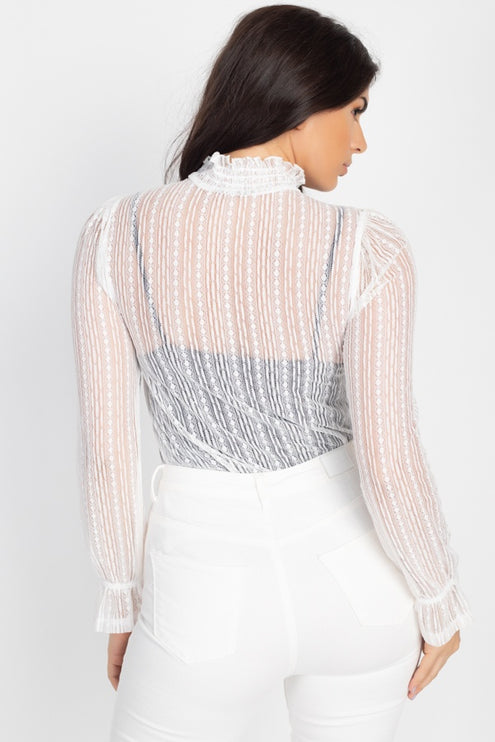 Beautiful Ruffle Trim Bell Cuff Long Sleeves Fashion Lace Top