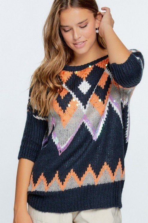 Glitter Aztec Pattern Navy Knit Fashion Top Pullover Sweater