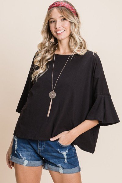 Solid Casual Bell Sleeve Cotton Fashion Top