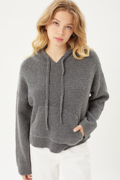 Cozy Gray V-Neck Drawstring Hoodie Sweater