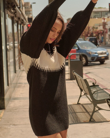 Chic Cozy Ribbed Knit Fashion Sweater Mini Dress