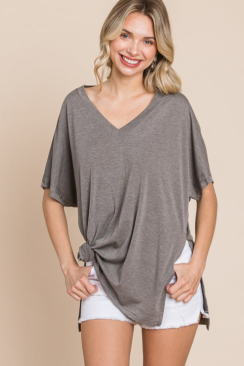 Solid V Neck Basic Casual Short Sleeves Fashion Top