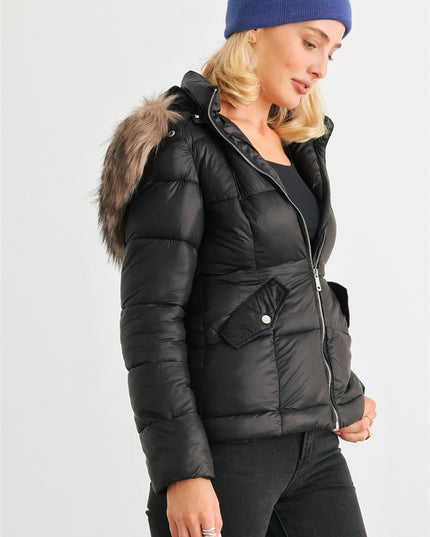 Cozy Faux Fur Hooded Padded Water Resistant Finish Fashion Outwear Jacket