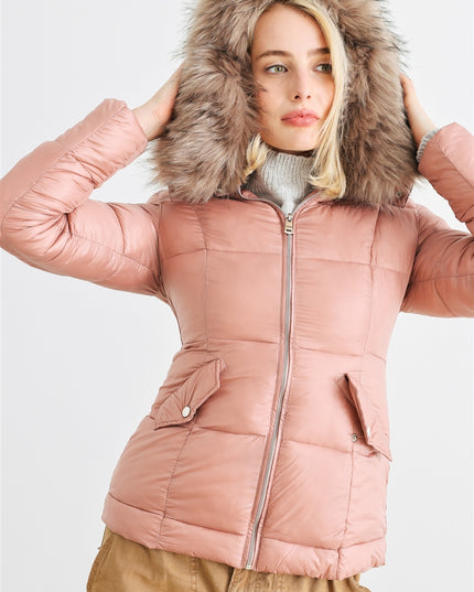 Cozy Faux Fur Hooded Padded Water Resistant Finish Fashion Outwear Jacket