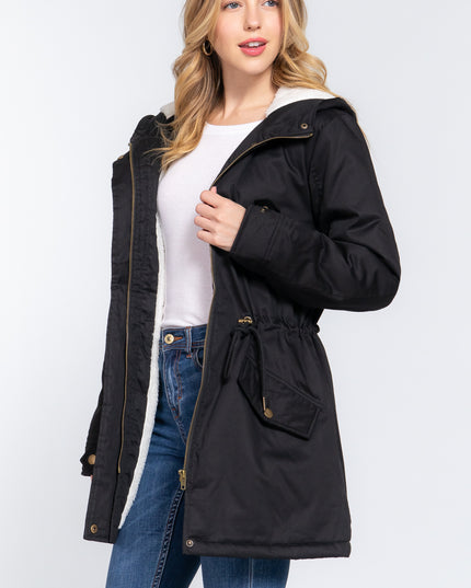 Cozy Cold Weather Fleece Lined Fur Hoodie Utility Outwear Jacket