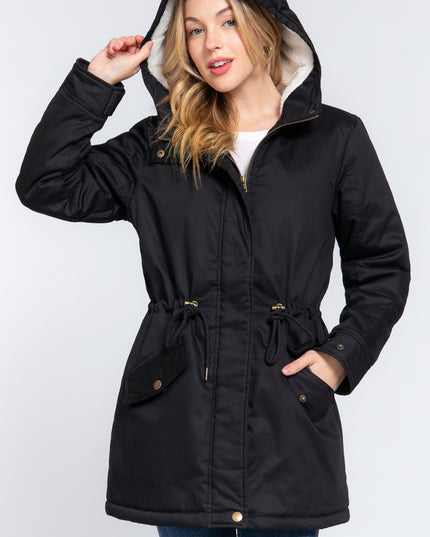 Cozy Cold Weather Fleece Lined Fur Hoodie Utility Outwear Jacket