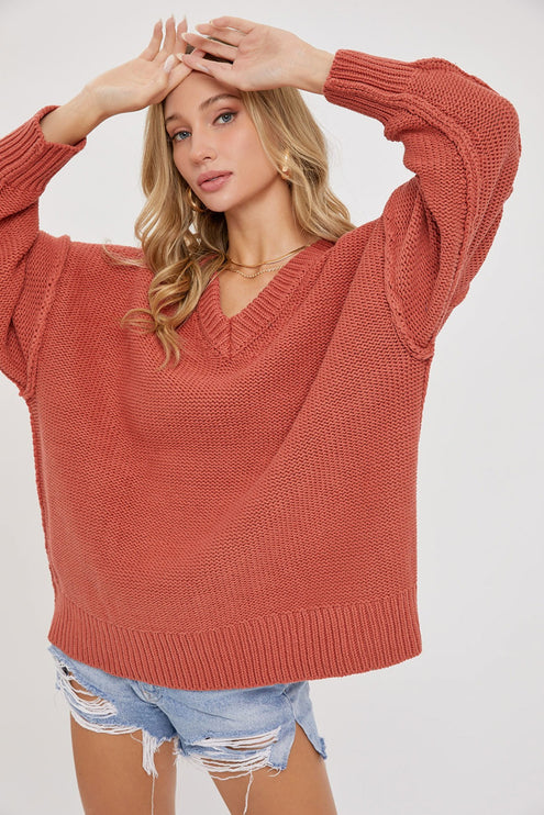 Cozy Solid Loose Fit V Neck Oversized Fashion Top Sweater