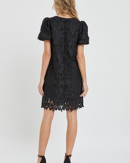 Beautiful Solid Simple Elegant Puff Sleeves Crochet Lace Dress