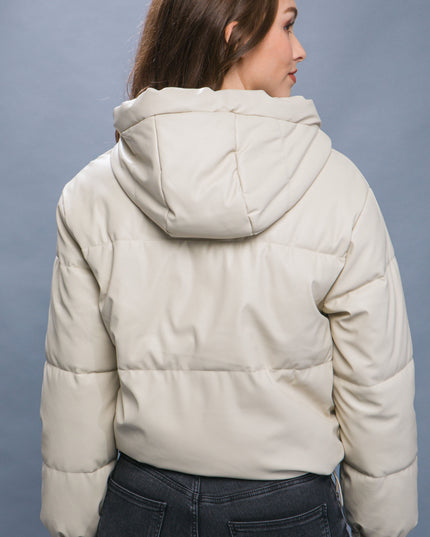 Sleek Modern Cozy PU Faux Leather Hooded Zipper Front Puffer Jacket
