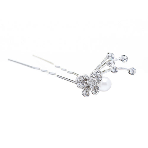 Bridal Wedding Jewelry Crystal Rhinestone Pearl Butterfly Hair Pin Silver White