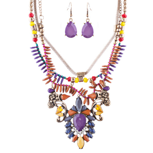 Stunning Magnificent Bead Crystal Rhinestone Statement Necklace Set JN269 Purple