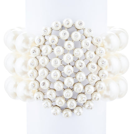 Bridal Wedding Jewelry LG Cluster Crystal Pearls Stretch Bracelet Silver Ivory