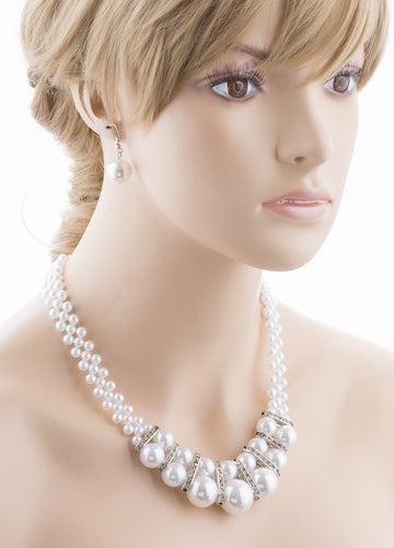 Bridal Wedding Jewelry Crystal Rhinestone Gorgeous Pearl Necklace J523 Silver
