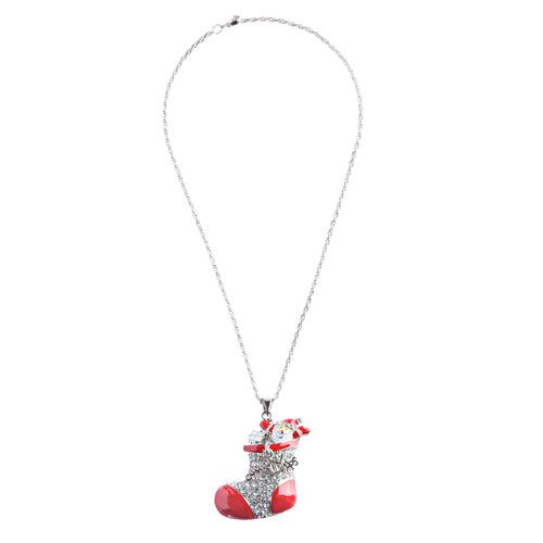 Christmas Jewelry Happy Holiday Spirit Crystal Santa Claus in Sock Long Necklace