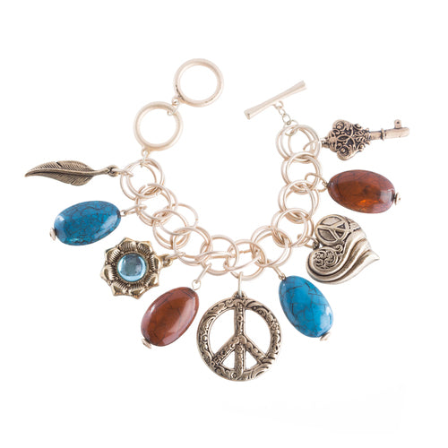 Beautiful Beads Peace Charm Design Link Fashion Bracelet Antique Gold