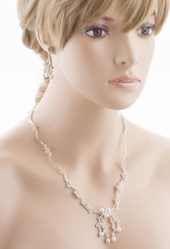 Bridal Wedding Jewelry Set Crystal Rhinestone Floral Pearl Necklace Silver