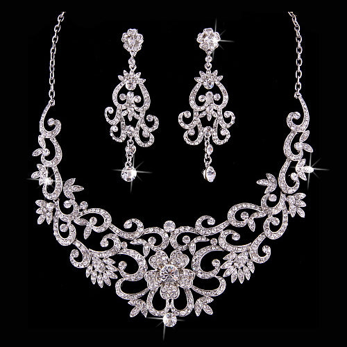 Bridal Wedding Jewelry Set  Crystal Rhinestone Vintage Floral Necklace Silver