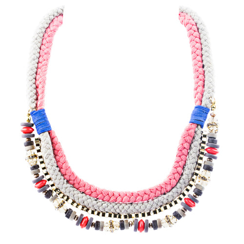Gorgeous Multi Strands Cord Chain Bead Crystal Statement Jewelry Necklace Pink