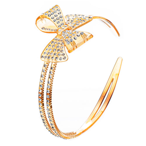 Fashion Sparkle Crystal Rhinestone Beautiful Ribbon Bow Design Headband Gold - Accessoriesforever