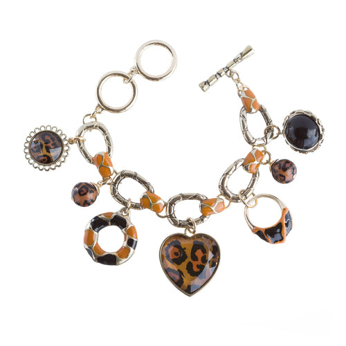 Beautiful Beads Heart Animal Print Charm Link Fashion Bracelet Gold Brown