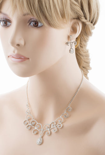 Bridal Wedding Jewelry Set Crystal Rhinestone Vintage Swirl Necklace Silver