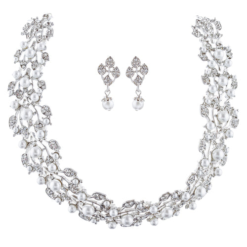 Bridal Wedding Jewelry Set Rhinestone Pearl Leaf White