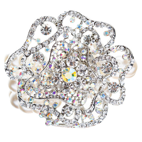 Bridal Wedding Jewelry LG Flower Crystal Pearls Stretch Bracelet Silver Ivory