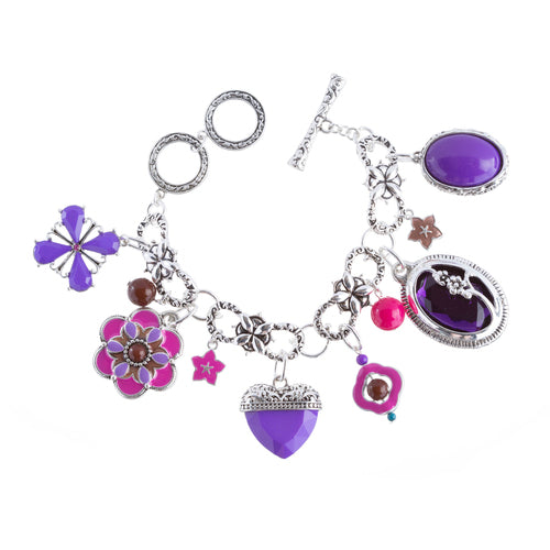 Beautiful Beads Heart Dangle Charm Link Fashion Bracelet Silver Purple