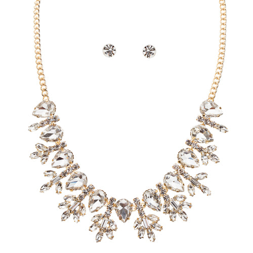 Bridal Wedding Jewelry Crystal Rhinestone Intricate Tear Drop Necklace J531 Gold