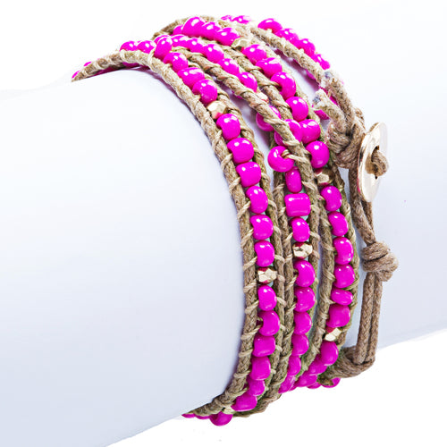 Beaded Brown String Cord with Button Knot Closure Wrap Bracelet Fuchsia Pink