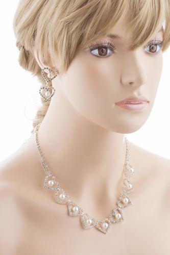 Bridal Wedding Jewelry Set Crystal Rhinestone Pearl Heart Link Necklace SV