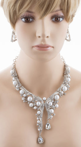 Bridal Wedding Jewelry Set Crystal Pearl Chunky Duo Linear Drops Silver White