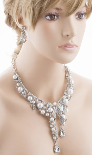 Bridal Wedding Jewelry Set Crystal Pearl Chunky Duo Linear Drops Silver White