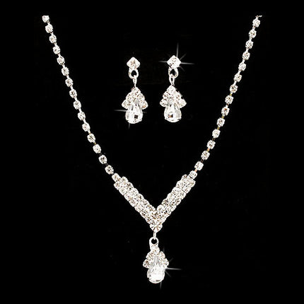 Bridal Wedding Jewelry Set  Necklace Earring Crystal Rhinestone SM V Drop Silver