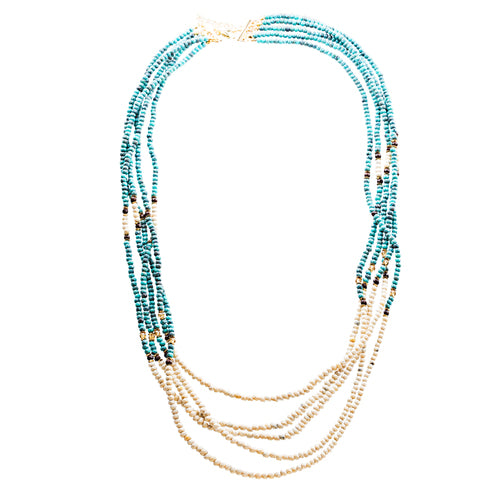 Statement Layered Faceted Bead Long Fashion Necklace Set Beige Turquoise Blue