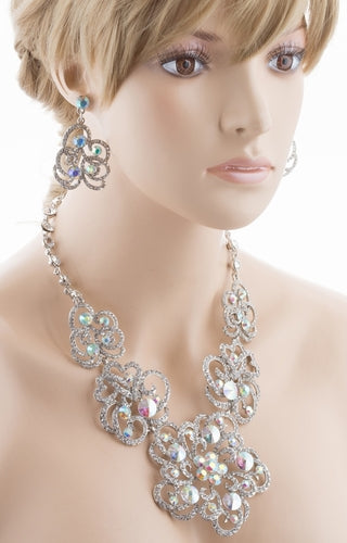 Bridal Wedding Jewelry Set Crystal Rhinestone Chunky Floral Necklace Silver AB