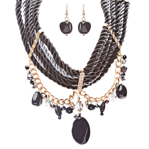 Statement Bohemian Bead Crystal Rhinestone Bold Dangle Necklace Set Gold Black