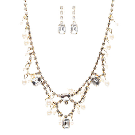 Bridal Wedding Jewelry Crystal Rhinestone Alluring Faux Pearl Necklace J581 Gold