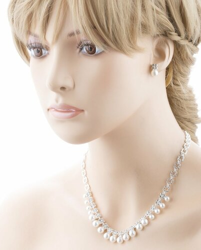 Bridal Wedding Jewelry Rhinestone Pearl Dangles Floral Necklace Set J666 Silver