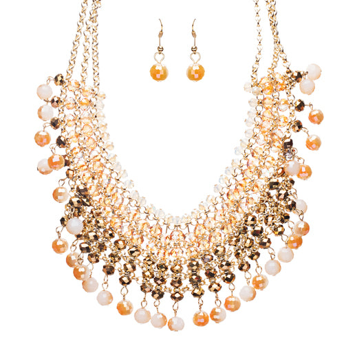 Beautiful Multi Layered Bib Design Bead Statement Necklace Set Peach Brown