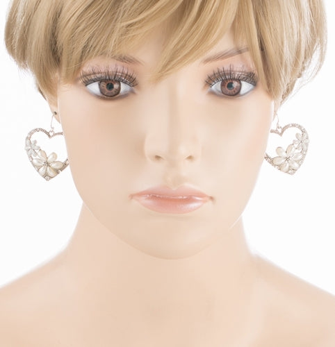 Gorgeous Flower Crystal Rhinestone Fashion Heart Dangle Earrings Silver
