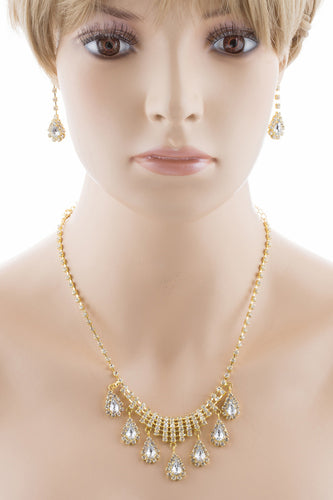 Bridal Wedding Jewelry Set Crystal Rhinestone Dangle Teardrop Necklace Gold J261