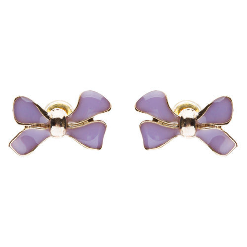 Gorgeous Fashion Ribbon Bow Design Enamel Small Stud Earrings Gold Purple